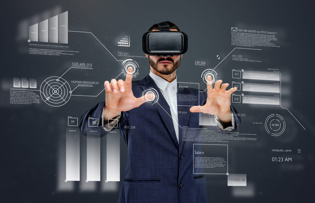 Metaverse Technology Trends 5 male suit with virtual reality glasses his head working virtual financial world